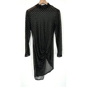 See Through Mesh Dress Women Black Gold Twist Front Long Sleeve Fit Up to Large